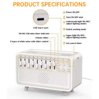 8 - Adjustable - White - Noise Air Aroma Diffuser Humidifier with Night Light and Bluetooth Speaker
